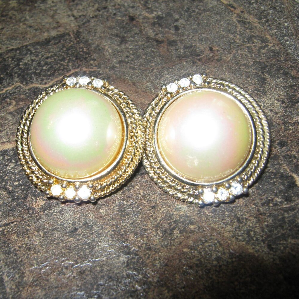 Designer Inspired Vintage Pearl , Diamond and Gold Clip-On Earrings